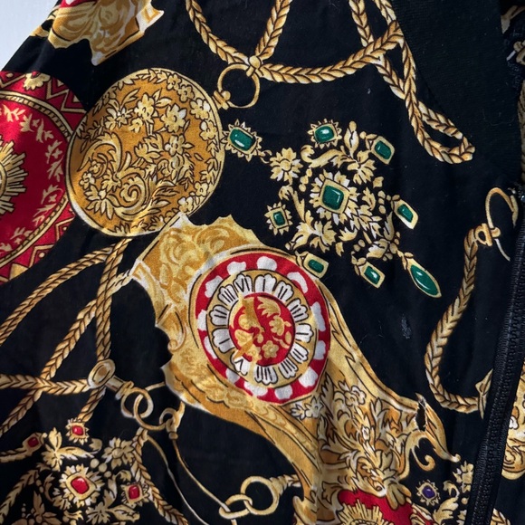 90s Baroque Black Gold Chain Clock Pattern Versace Style Print Bomber Jacket - Picture 4 of 12